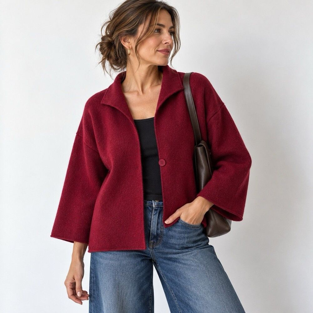 Eileen Fisher Wool Cashmere Jacket M Burgundy Boiled Wool Cardigan Sweater